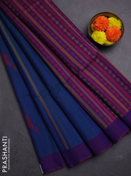 Peacock Blue & Purple Kora Silk Cotton Saree
