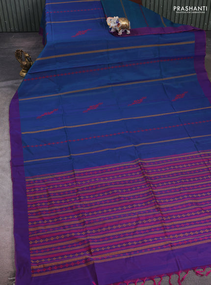 Peacock Blue & Purple Kora Silk Cotton Saree