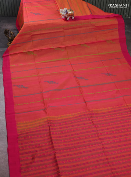 Sunset Orange & Pink Kora Silk Cotton Saree