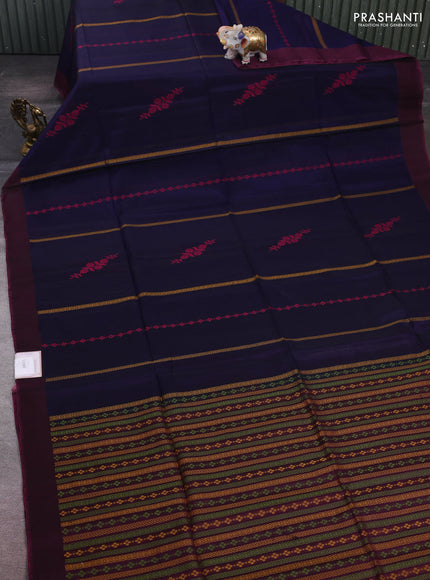 Blue & Wine Kora Silk Cotton Saree