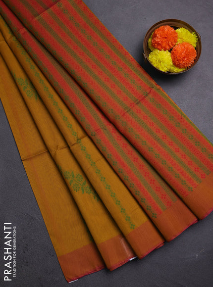 Mustard Yellow & Pink Kora Silk Cotton Saree