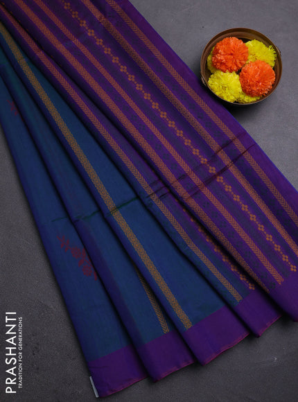 Peacock Blue & Purple Kora Silk Cotton Saree
