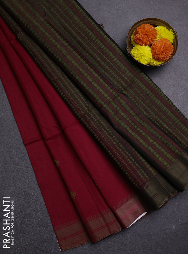 Maroon & Chiku  Kora Silk Cotton Saree