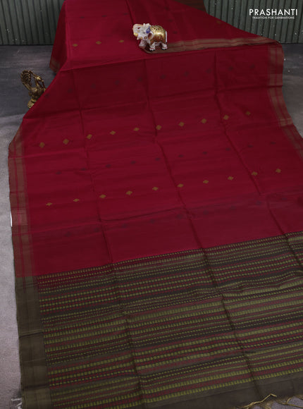 Maroon & Chiku  Kora Silk Cotton Saree