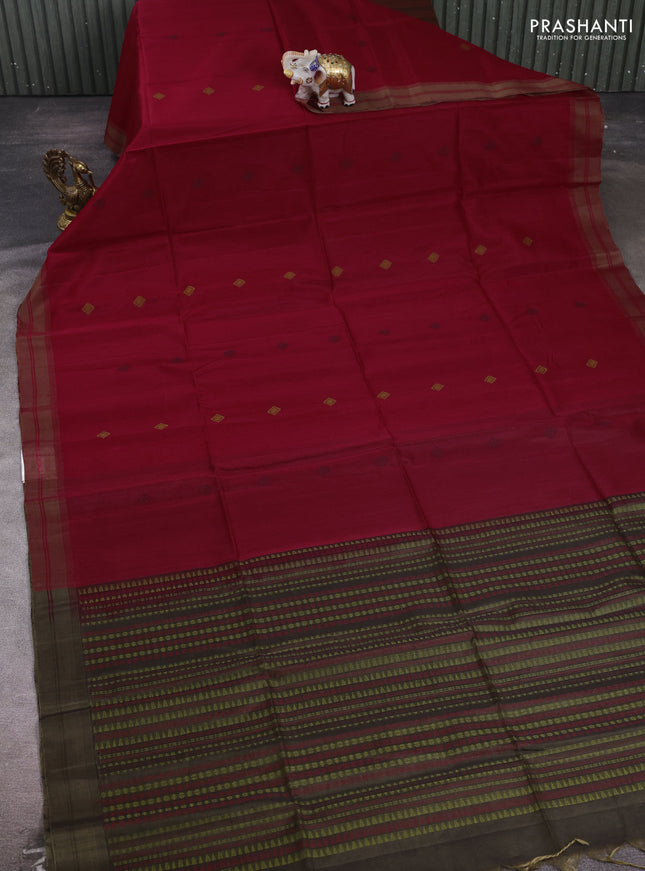 Maroon & Chiku  Kora Silk Cotton Saree