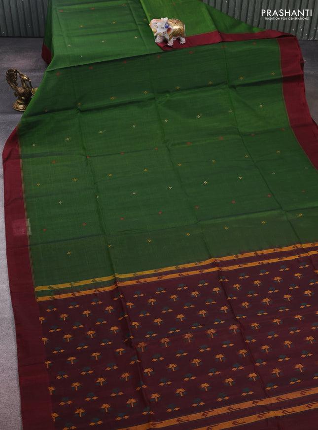 Green & Maroon Kora Silk Cotton Saree
