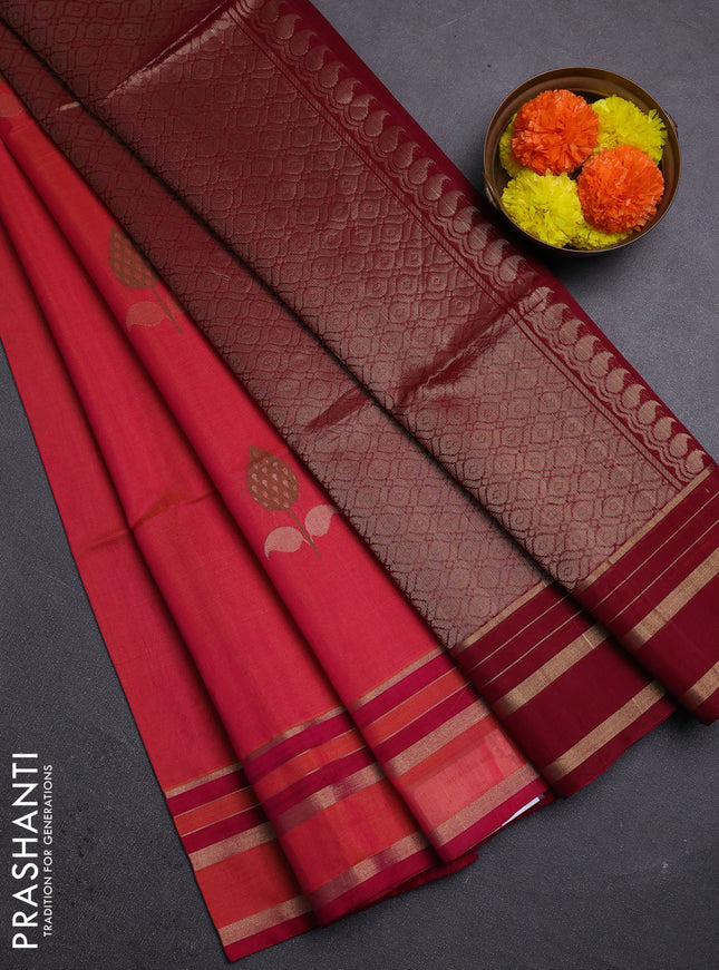 Orange & Maroon Kora Silk Cotton Saree
