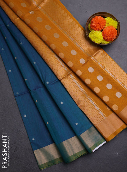 Teal Green & Mustard Kora Silk Cotton Saree