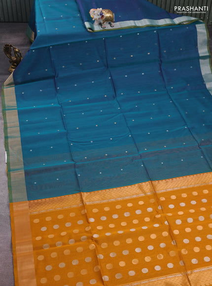 Teal Green & Mustard Kora Silk Cotton Saree