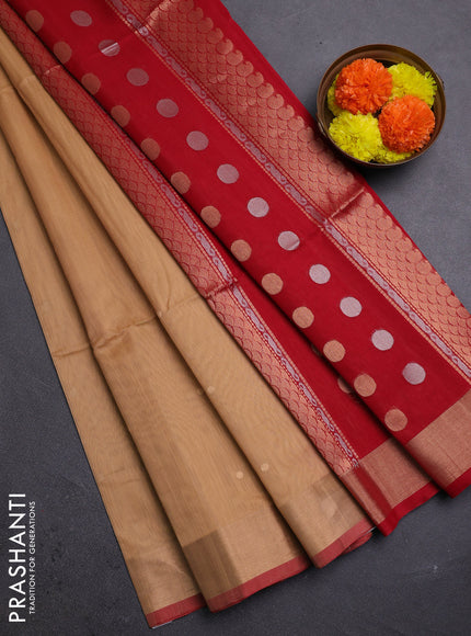 Sandal & Red Kora Silk Cotton Saree