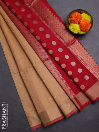 Sandal & Red Kora Silk Cotton Saree