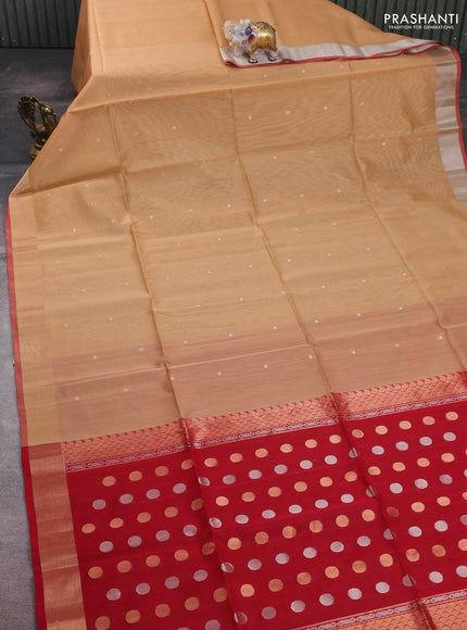 Sandal & Red Kora Silk Cotton Saree