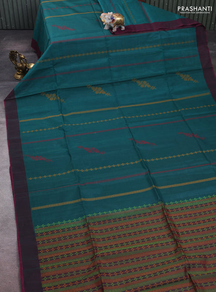 Teal Green & Magenta Pink Kora Silk Cotton Saree