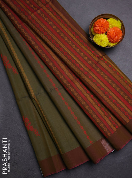 Olive Green & Pink Kora Silk Cotton Saree
