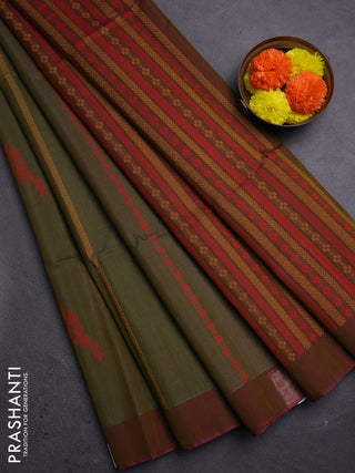 Olive Green & Pink Kora Silk Cotton Saree