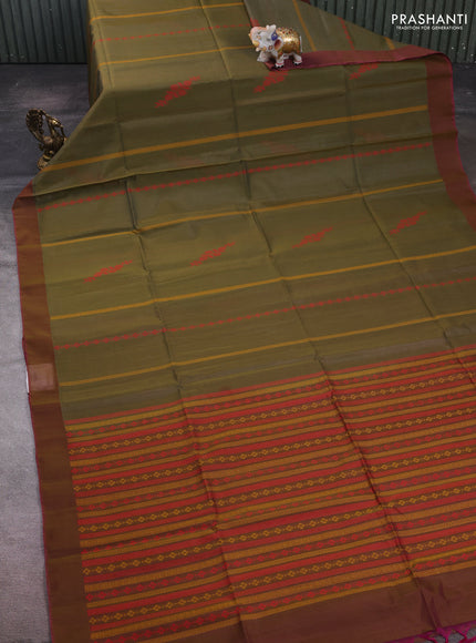 Olive Green & Pink Kora Silk Cotton Saree