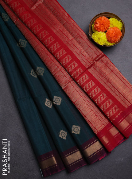 Peacock Green & Red Kora Silk Cotton Saree