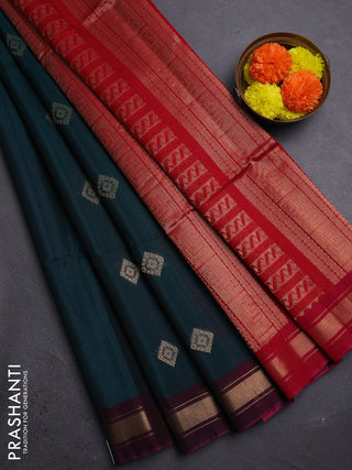Peacock Green & Red Kora Silk Cotton Saree