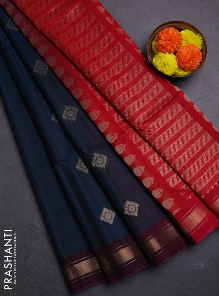 Peacock Blue & Red Kora Silk Cotton Saree