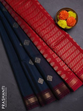 Peacock Blue & Red Kora Silk Cotton Saree