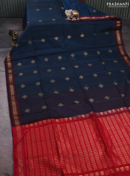 Peacock Blue & Red Kora Silk Cotton Saree