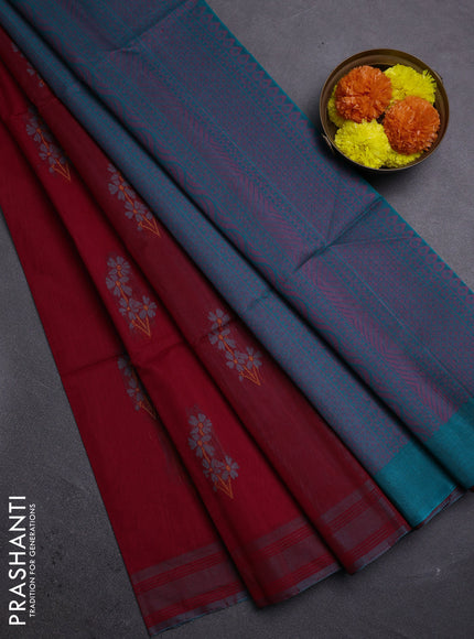 Maroon & Teal Green Kora Silk Cotton Saree