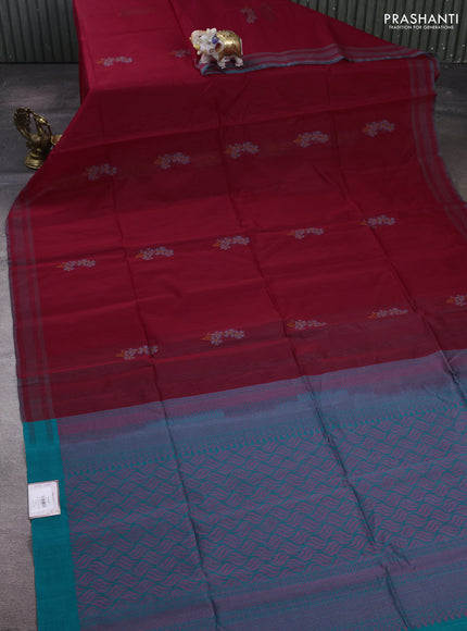 Maroon & Teal Green Kora Silk Cotton Saree