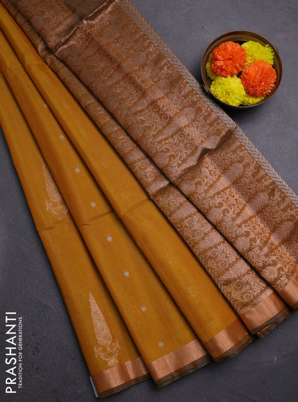 Mustard Yellow & Mustard Kora Silk Cotton Saree