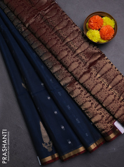 Peacock Blue & Maroon Kora Silk Cotton Saree