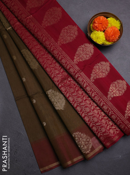 Olive Green & Maroon Kora Silk Cotton Saree