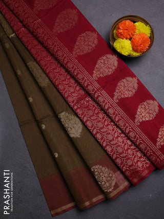 Olive Green & Maroon Kora Silk Cotton Saree