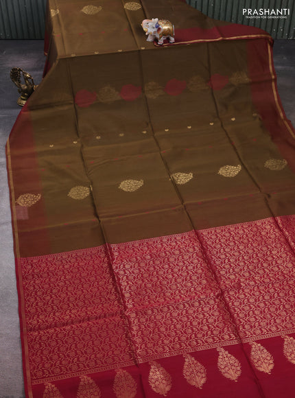 Olive Green & Maroon Kora Silk Cotton Saree
