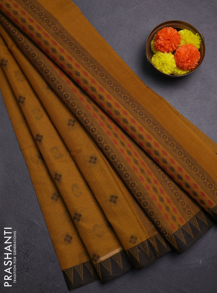 Mustard Yellow & Black Kora Silk Cotton Saree
