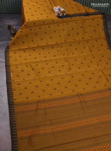 Mustard Yellow & Black Kora Silk Cotton Saree