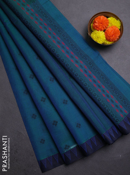 Peacock Blue & Blue Kora Silk Cotton Saree