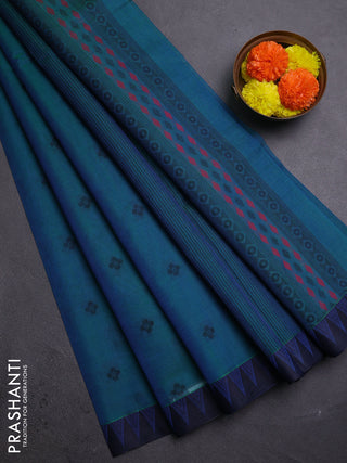 Peacock Blue & Blue Kora Silk Cotton Saree