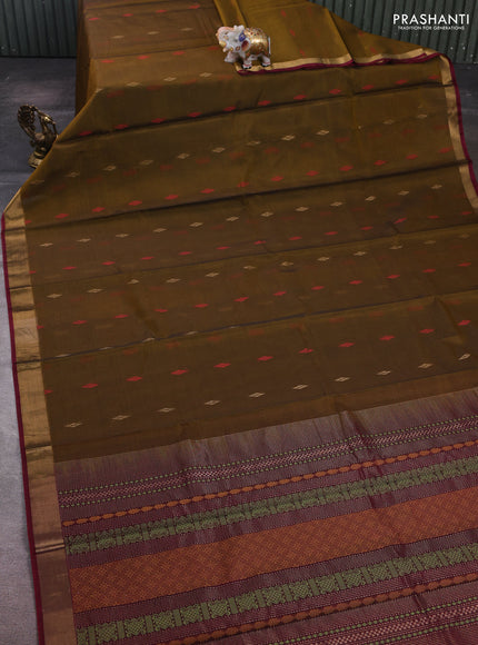 Mustard Yellow & Maroon Kora Silk Cotton Saree