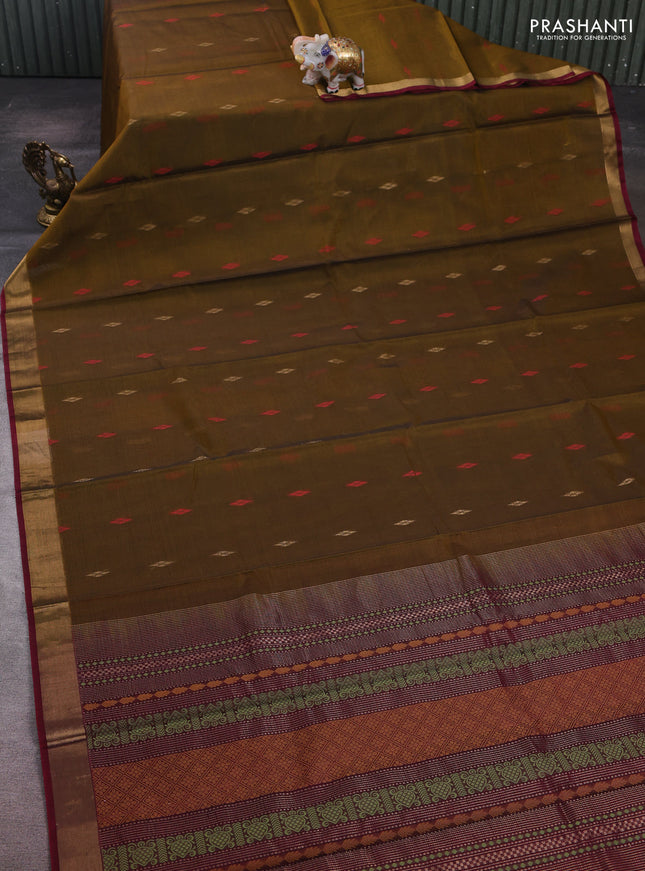 Mustard Yellow & Maroon Kora Silk Cotton Saree