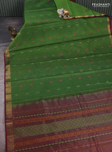 Green & Maroon Kora Silk Cotton Saree