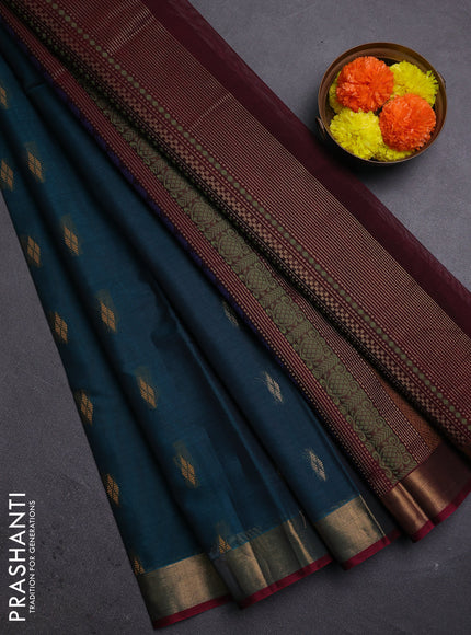 Peacock Green & Maroon Kora Silk Cotton Saree