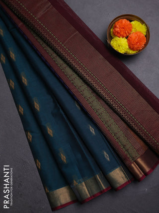 Peacock Green & Maroon Kora Silk Cotton Saree