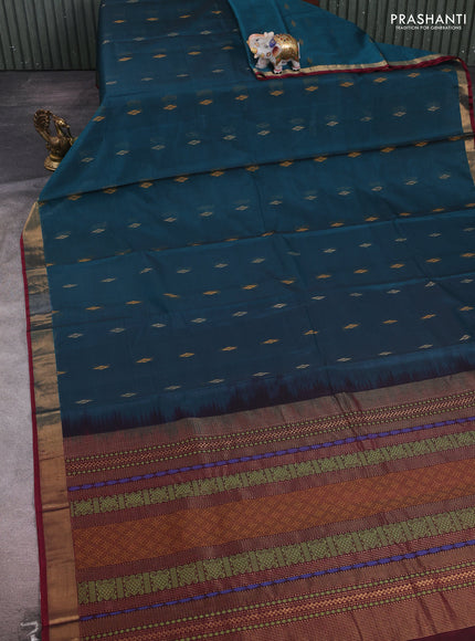 Peacock Green & Maroon Kora Silk Cotton Saree
