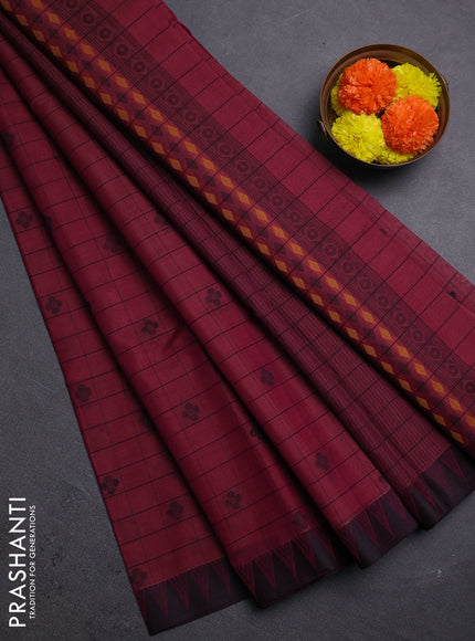 Wine & Black Kora Silk Cotton Saree