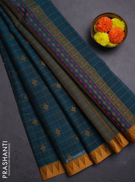 Peacock Green & Mustard Kora Silk Cotton Saree
