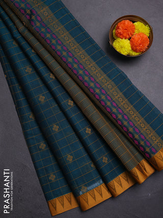 Peacock Green & Mustard Kora Silk Cotton Saree