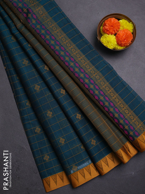Peacock Green & Mustard Kora Silk Cotton Saree