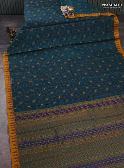 Peacock Green & Mustard Kora Silk Cotton Saree