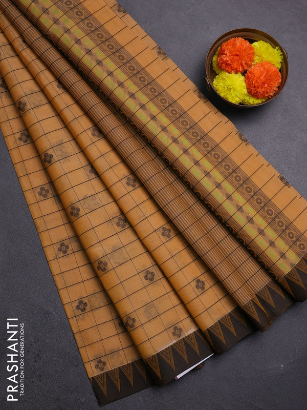 Pale Orange & Black Kora Silk Cotton Saree
