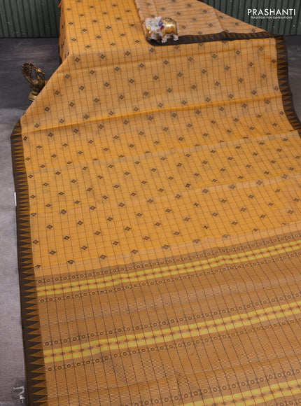 Pale Orange & Black Kora Silk Cotton Saree
