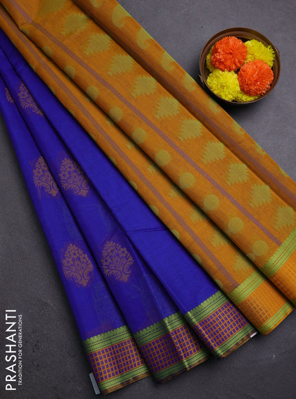 Royal Blue & Mustard Kora Silk Cotton Saree